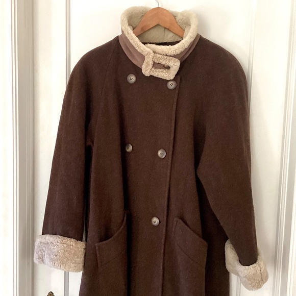 Vtg STEVE by Searle Brown Wool Trapeze Long Coat Faux Fur Collar & Cuffs Size 8 - Picture 8 of 15